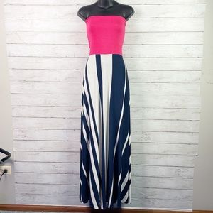 AQUA Hot Pink Tube Top Sundress w/ Flowy Blue & White Striped Maxi